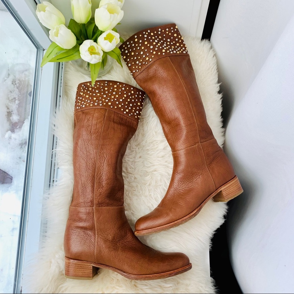 CASADEI Brown Leather Bling Knee High Riding Boots